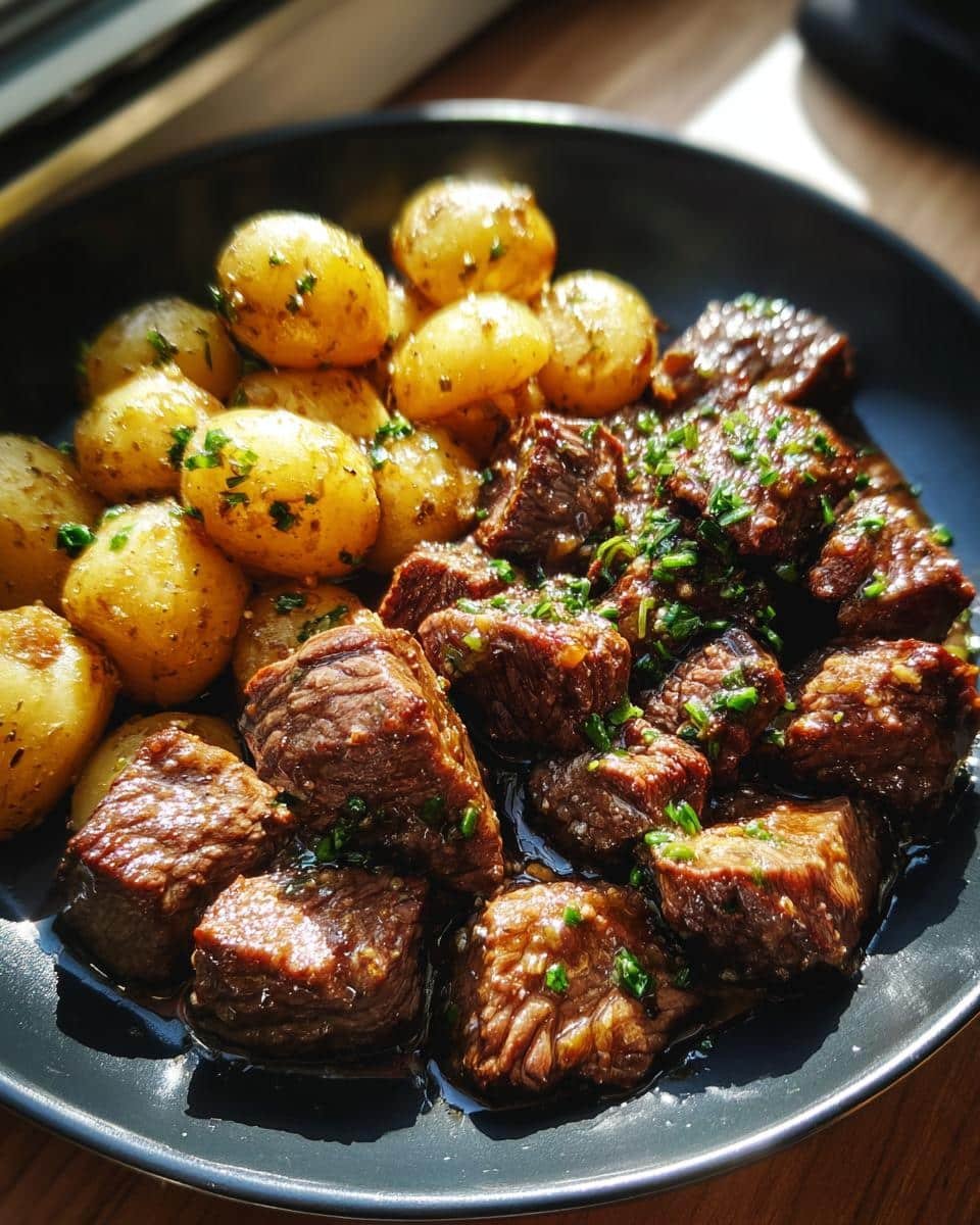 Garlic Butter Beef Bites & Potatoes: Deliciously Easy in 35 8 A plate of Garlic Butter Beef Bites and Potatoes, garnished with herbs, ready to eat.