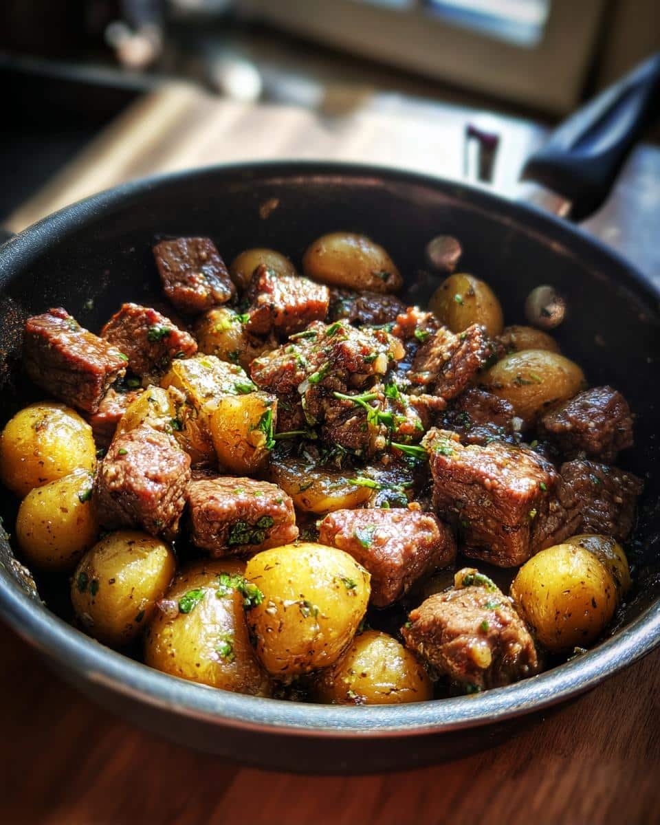 Garlic Butter Beef Bites & Potatoes: Deliciously Easy in 35 9 Close-up of Garlic Butter Beef Bites and Potatoes in a skillet, seasoned with herbs.