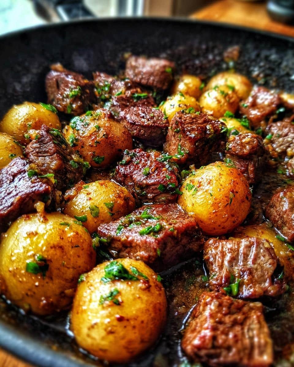 Garlic Butter Beef Bites & Potatoes: Deliciously Easy in 35 6 Close-up of Garlic Butter Beef Bites and Potatoes, cooked in a pan and garnished with fresh herbs.