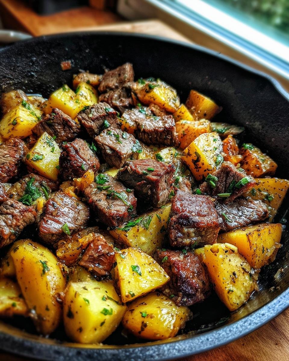 Garlic Butter Beef Bites & Potatoes: Deliciously Easy in 35 7 Close-up of Garlic Butter Beef Bites and Potatoes cooked in a cast iron skillet, garnished with herbs.