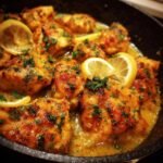 Delicious Garlic Butter Chicken with Lemon slices and parsley garnish. Ready to eat.