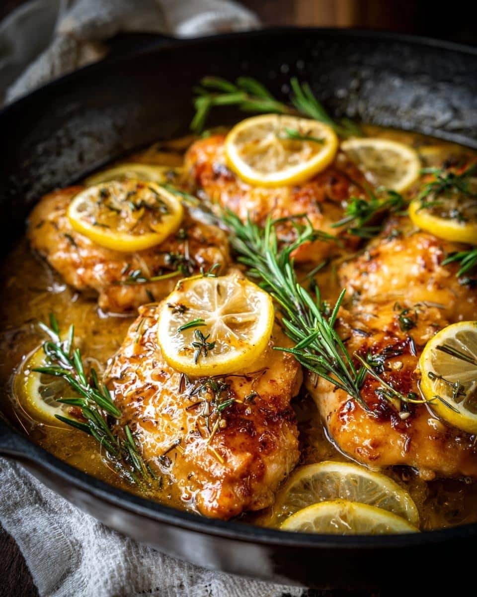 Garlic Butter Chicken Recipe: Delicious in Just 30 Minutes 6 Garlic butter chicken in a skillet, garnished with lemon slices and rosemary.
