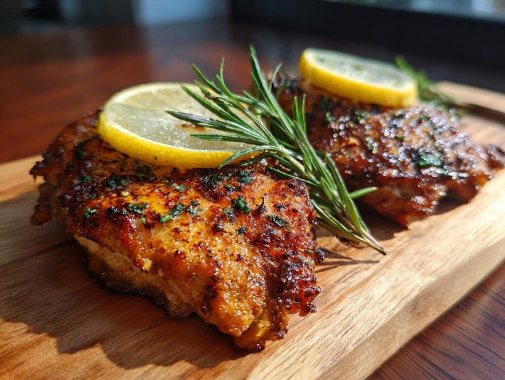 Two pieces of Garlic Butter Chicken garnished with lemon and rosemary on a wooden board.