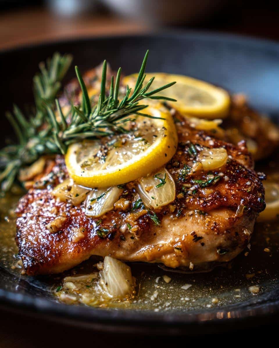 Garlic Butter Chicken Recipe: Delicious in Just 30 Minutes 8 Close-up of garlic butter chicken garnished with lemon slices and rosemary sprigs on a black plate.