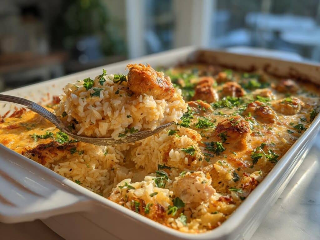 A spoonful of Garlic Butter Chicken and Rice Casserole being lifted from a baking dish.
