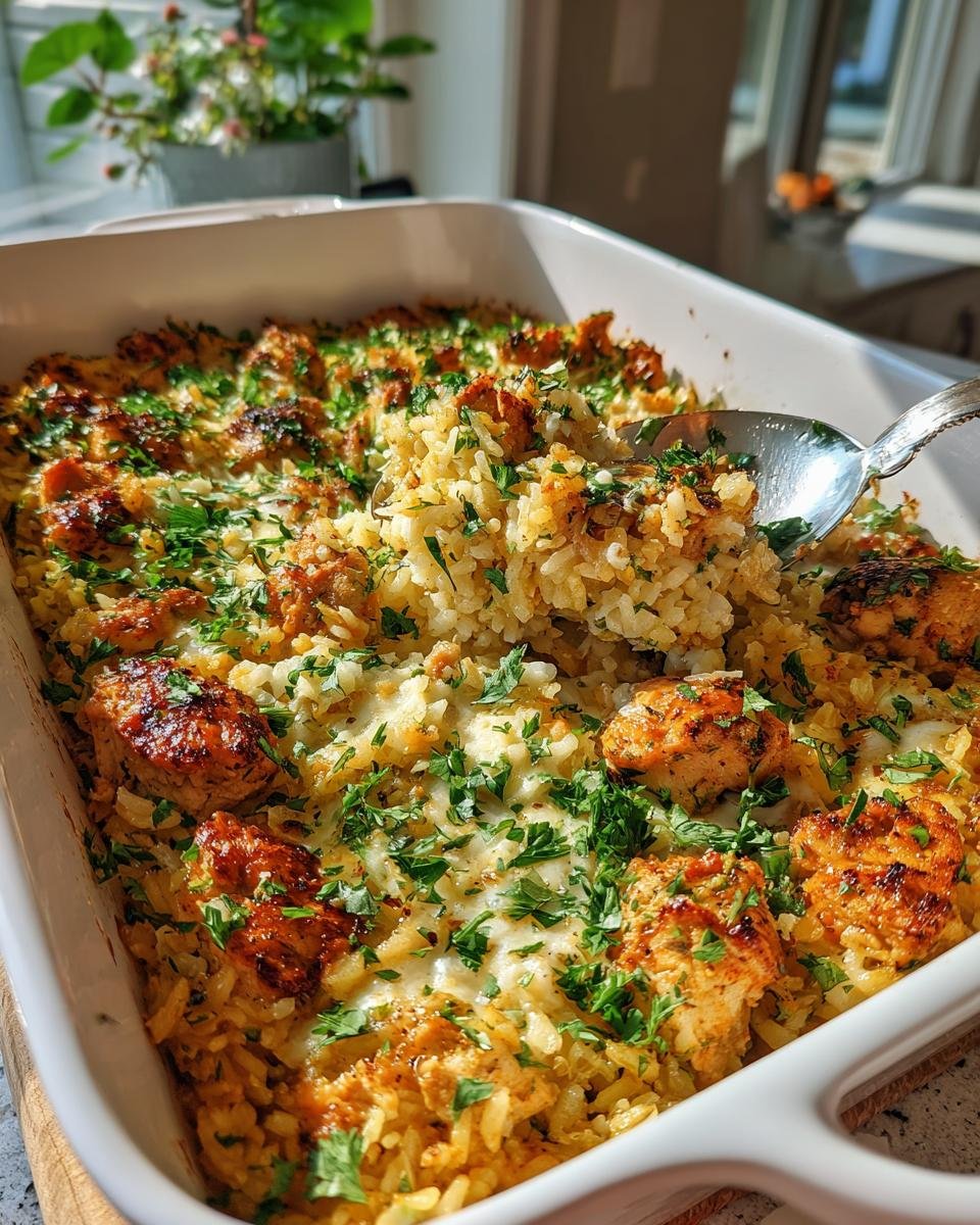 Irresistible Garlic Butter Chicken and Rice Casserole in 45 8 Close-up of Garlic Butter Chicken and Rice Casserole in a white baking dish, garnished with parsley.