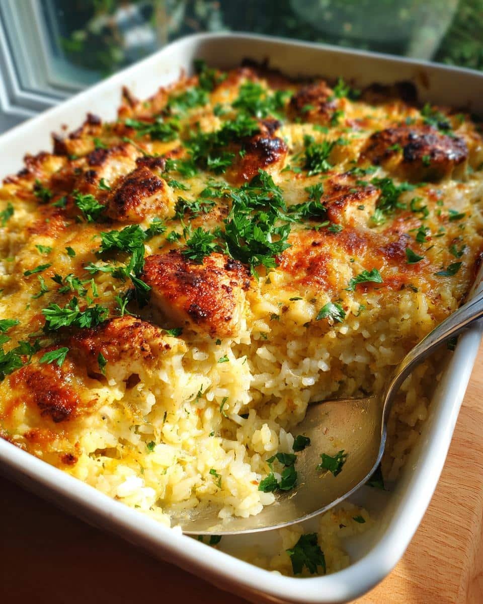 Irresistible Garlic Butter Chicken and Rice Casserole in 45 9 Close-up of Garlic Butter Chicken and Rice Casserole in a white dish with a serving spoon.