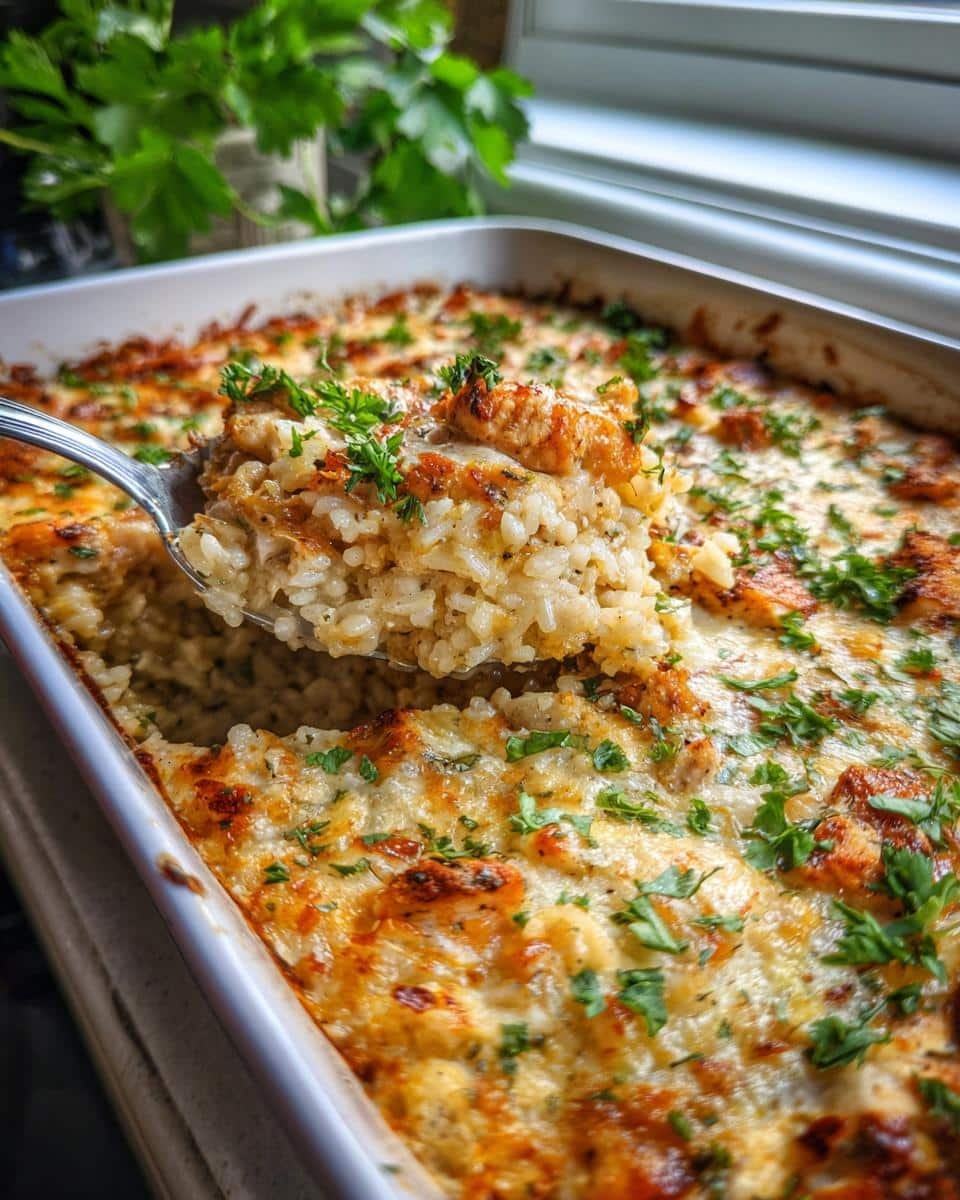 Irresistible Garlic Butter Chicken and Rice Casserole in 45 6 Spoon lifting a portion of Garlic Butter Chicken and Rice Casserole from a baking dish, garnished with parsley.