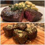 Two images featuring Garlic Butter Steak Bites, one sliced and plated, the other cubed on a wooden board.
