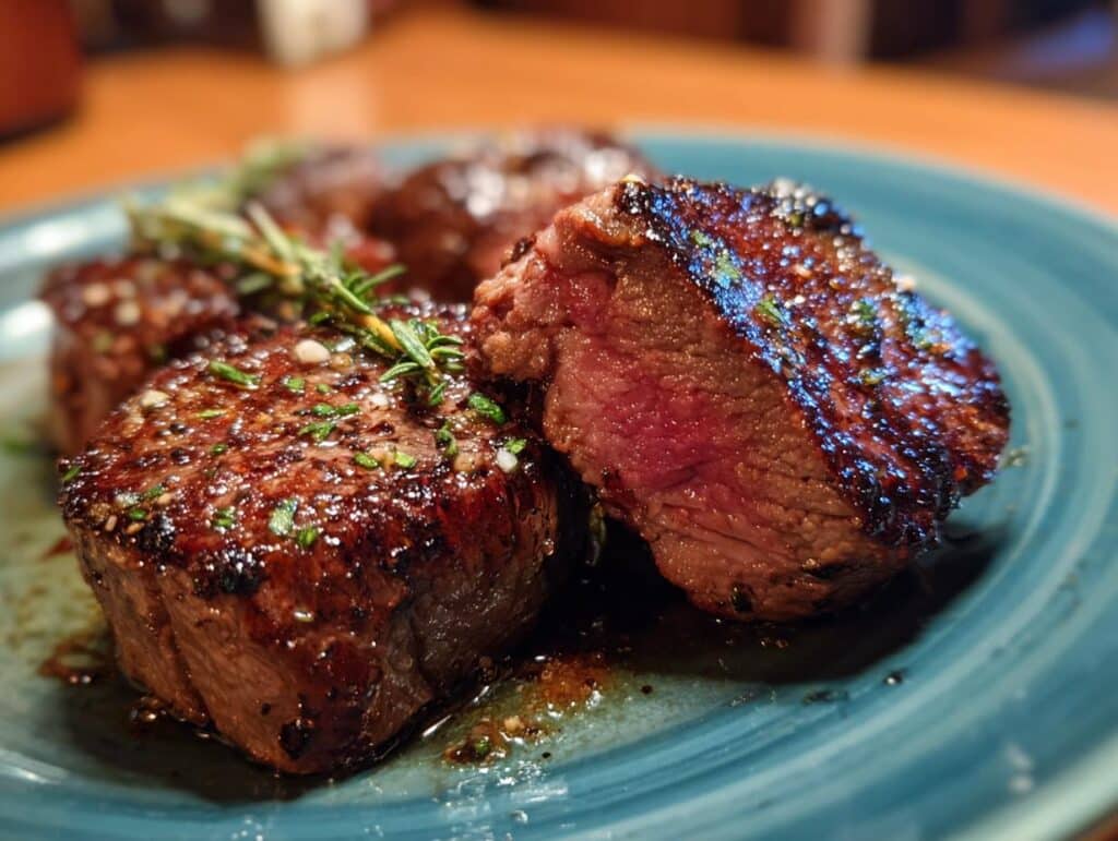 Close-up of Garlic Butter Steak Bites on a blue plate, garnished with rosemary. The steak is cooked to medium-rare.