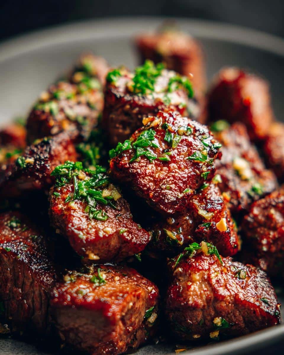 Irresistible Garlic Butter Steak Bites in Just 15 Minutes 7 Close-up of juicy Garlic Butter Steak Bites topped with fresh herbs, ready to serve.