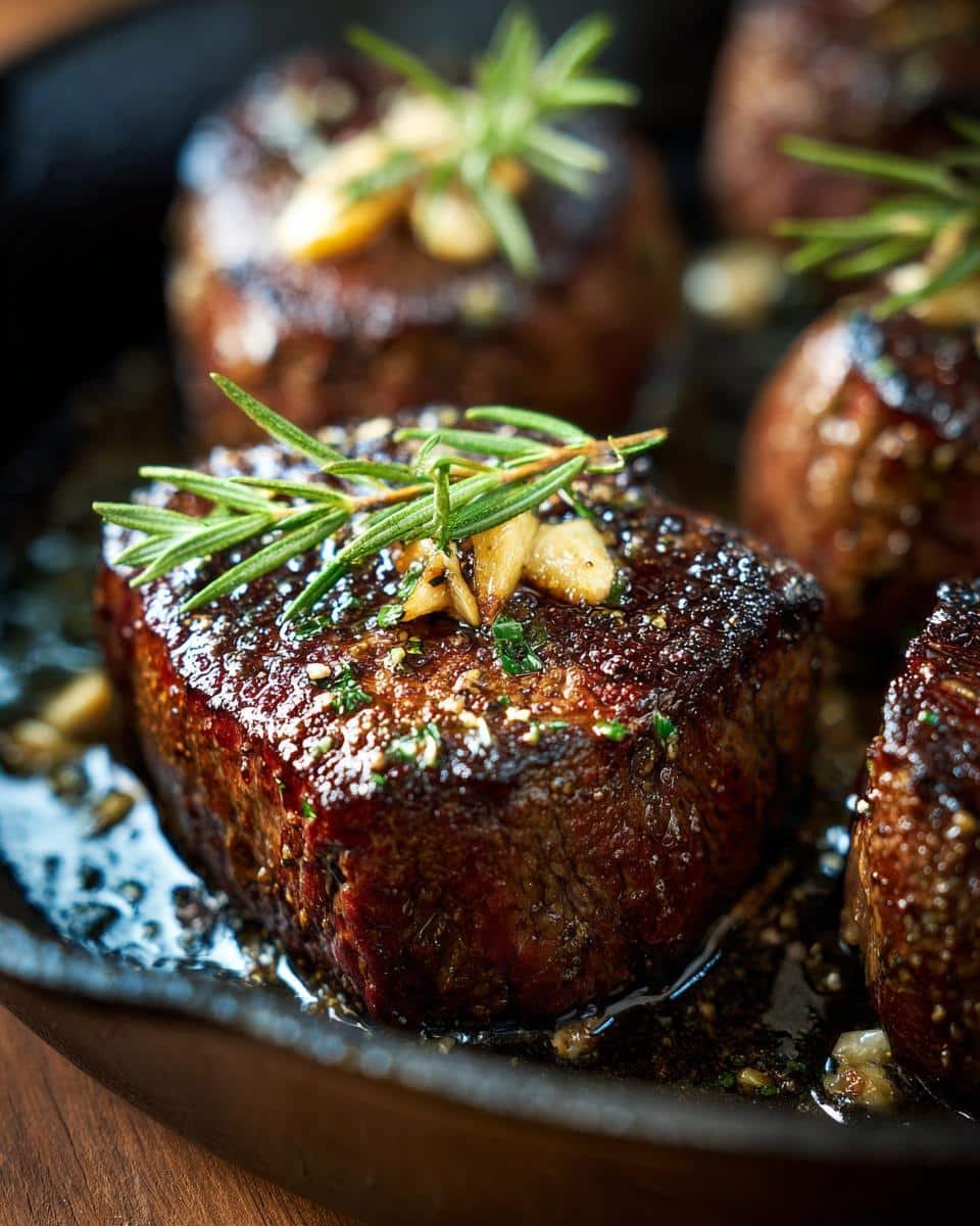 Irresistible Garlic Butter Steak Bites in Just 15 Minutes 8 Close-up of Garlic Butter Steak Bites in a skillet, garnished with rosemary and garlic.