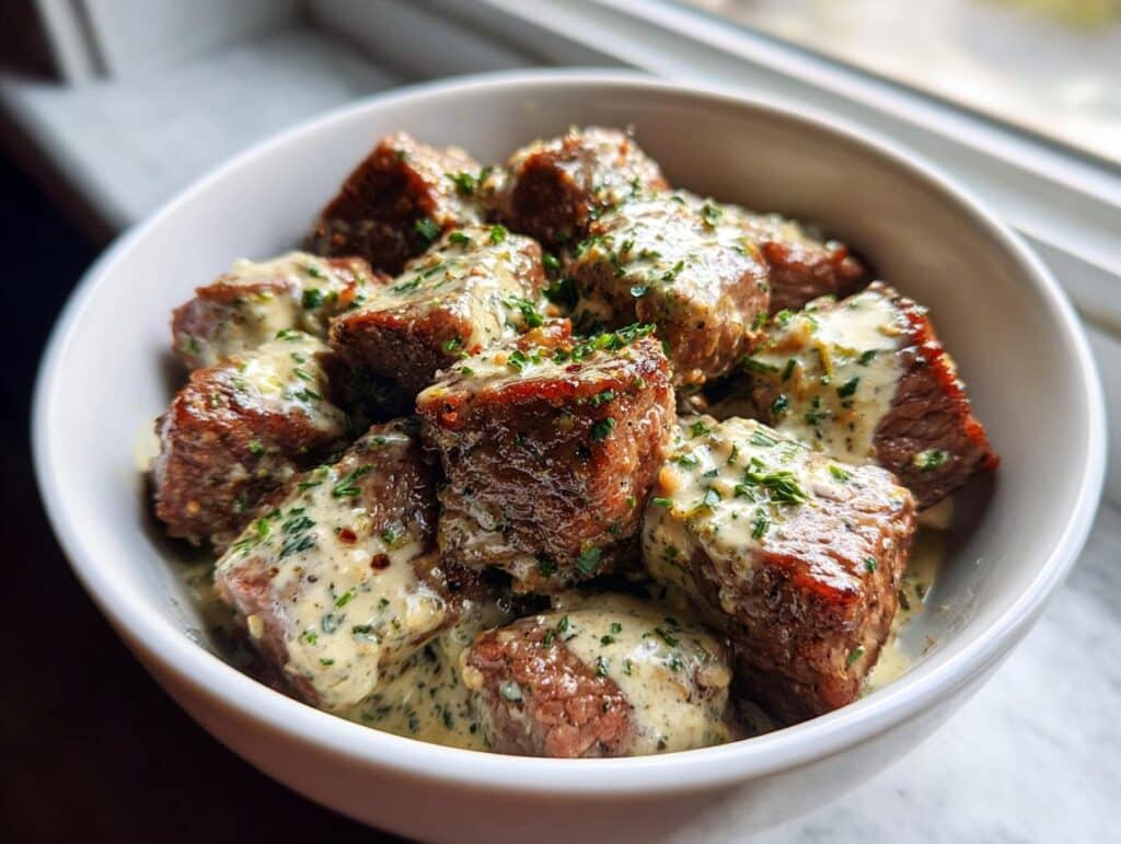 Bowl of Garlic Butter Steak Bites with Parmesan Cream Sauce, garnished with herbs.
