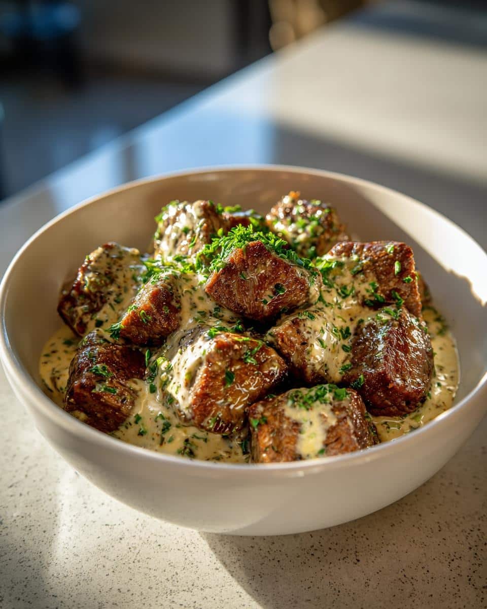 Garlic Butter Steak Bites: 15-Minute, Unforgivable Flavor 8 Bowl of Garlic Butter Steak Bites with Parmesan Cream Sauce, garnished with herbs.