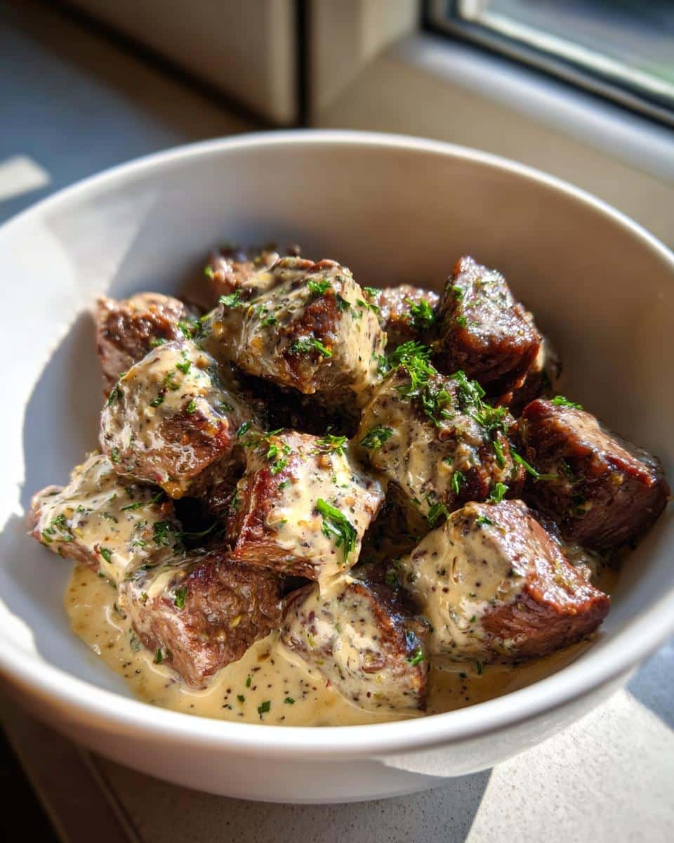 Garlic Butter Steak Bites: 15-Minute, Unforgivable Flavor 9 A bowl of Garlic Butter Steak Bites with Parmesan Cream Sauce, garnished with parsley.
