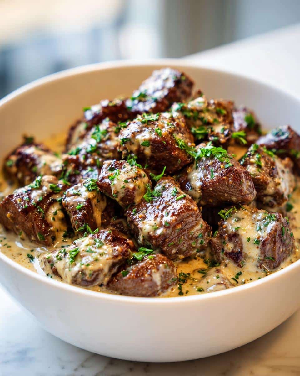 Garlic Butter Steak Bites: 15-Minute, Unforgivable Flavor 7 Bowl of Garlic Butter Steak Bites with Parmesan Cream Sauce, garnished with fresh parsley.