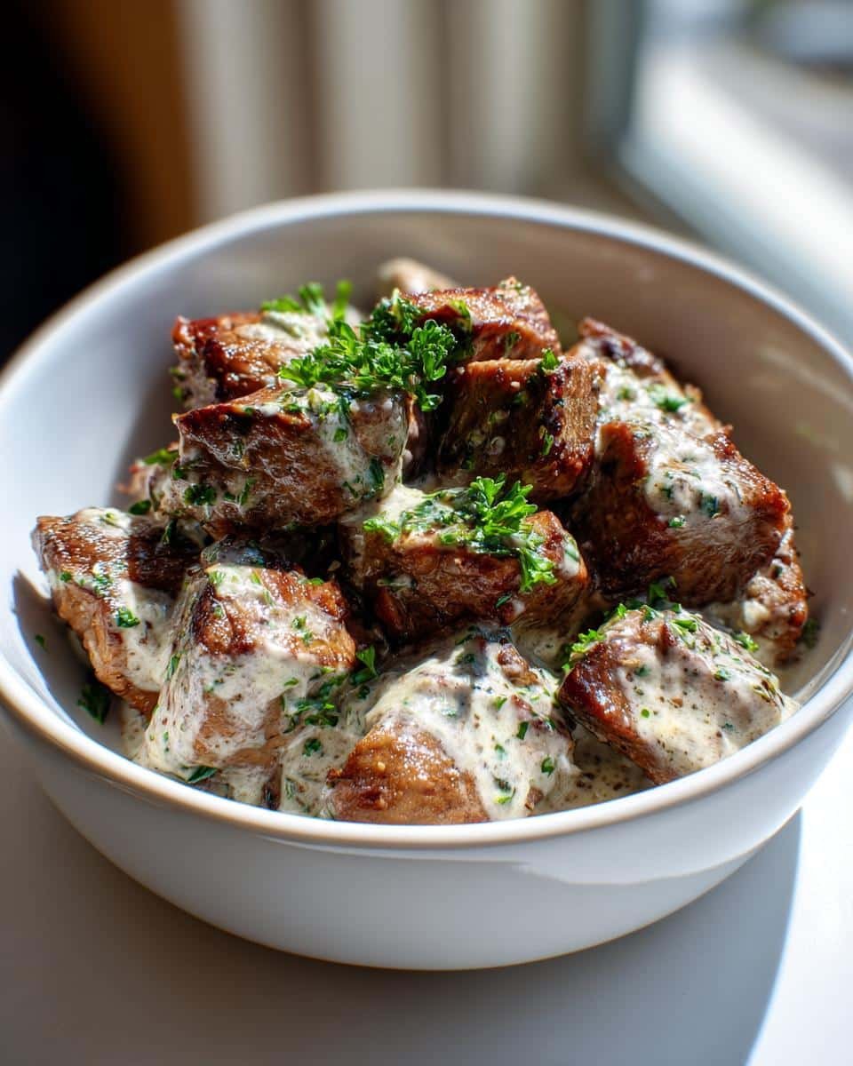 Garlic Butter Steak Bites: 15-Minute, Unforgivable Flavor 6 A bowl of Garlic Butter Steak Bites with Parmesan Cream Sauce, garnished with fresh parsley.