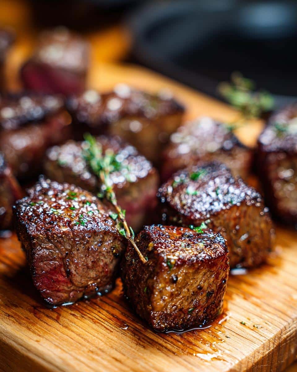 Irresistible Garlic Butter Steak Bites in Just 15 Minutes 6 Close-up of juicy Garlic Butter Steak Bites on a wooden board, garnished with fresh herbs.