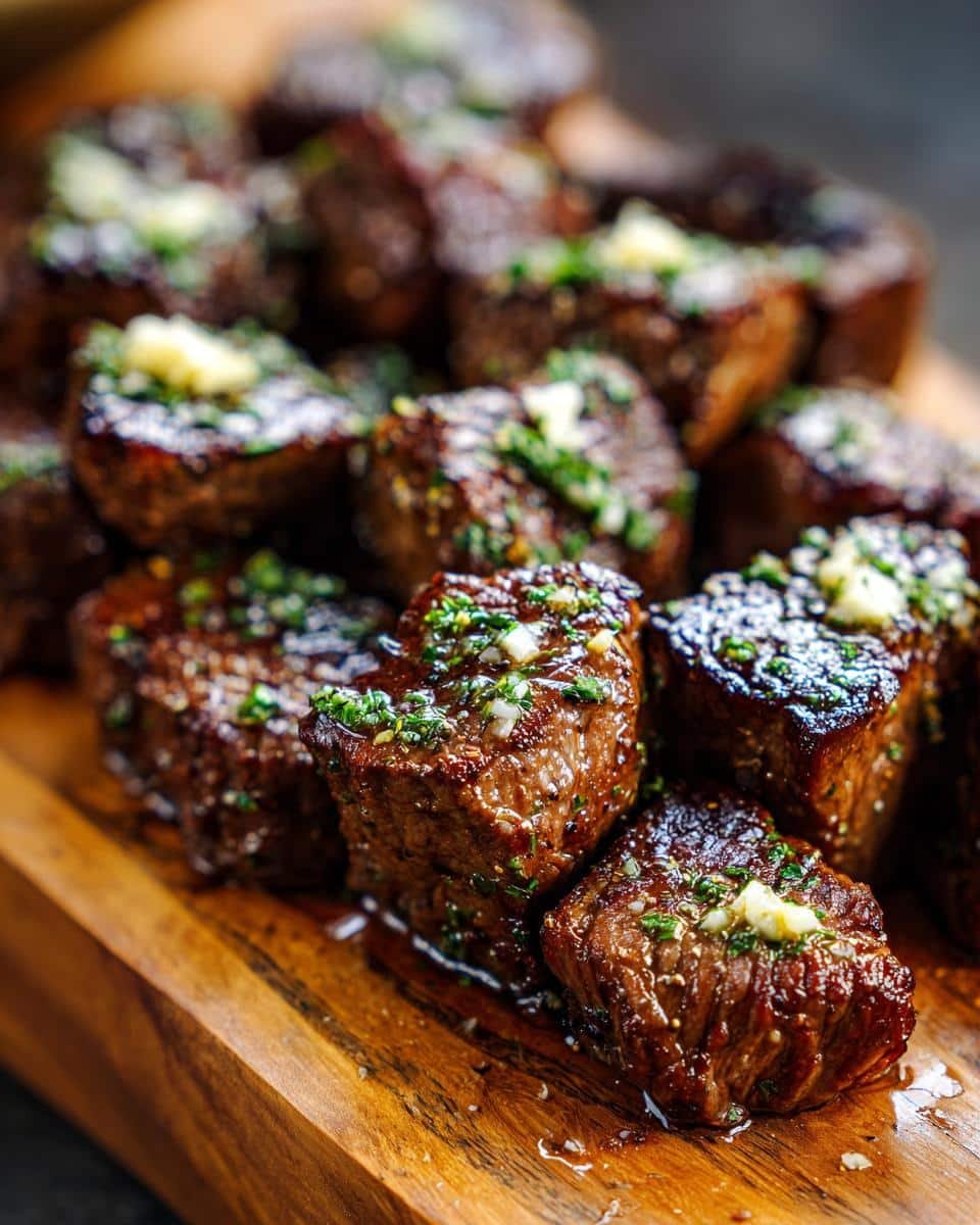 Irresistible Garlic Butter Steak Bites in Just 15 Minutes 9 Close-up of juicy Garlic Butter Steak Bites, seasoned with herbs and garlic, served on a wooden board.