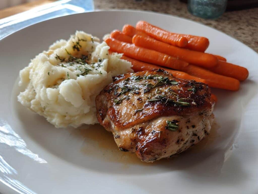 A plate of Garlic Herb Chicken with Mashed Potatoes and Glazed Carrots, ready to eat.