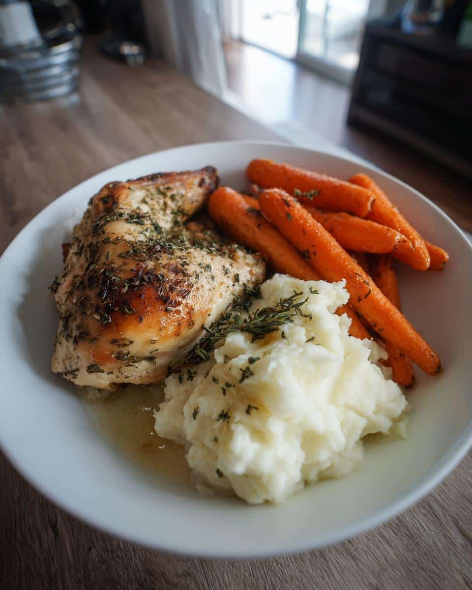 Devastating Garlic Herb Chicken, 3 Steps to Glory 7 A plate of Garlic Herb Chicken with Mashed Potatoes and Glazed Carrots, garnished with fresh herbs.