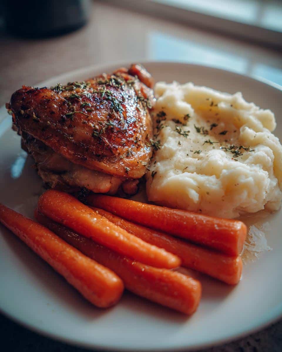 Devastating Garlic Herb Chicken, 3 Steps to Glory 8 A plate of Garlic Herb Chicken with Mashed Potatoes and Glazed Carrots, garnished with herbs.