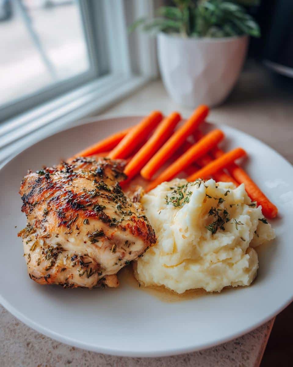 Devastating Garlic Herb Chicken, 3 Steps to Glory 9 A plate of Garlic Herb Chicken with Mashed Potatoes and Glazed Carrots, served with a side of glazed carrots.