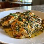 Three pieces of Garlic Lemon Butter Chicken on a white plate, garnished with fresh herbs and bathed in a flavorful sauce.