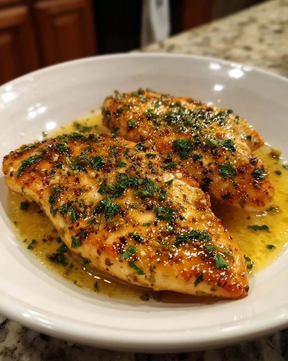 Garlic Lemon Butter Chicken: Delicious in Just 25 Minutes 7 Two Garlic Lemon Butter Chicken breasts on a white plate, drizzled with sauce and garnished with parsley.