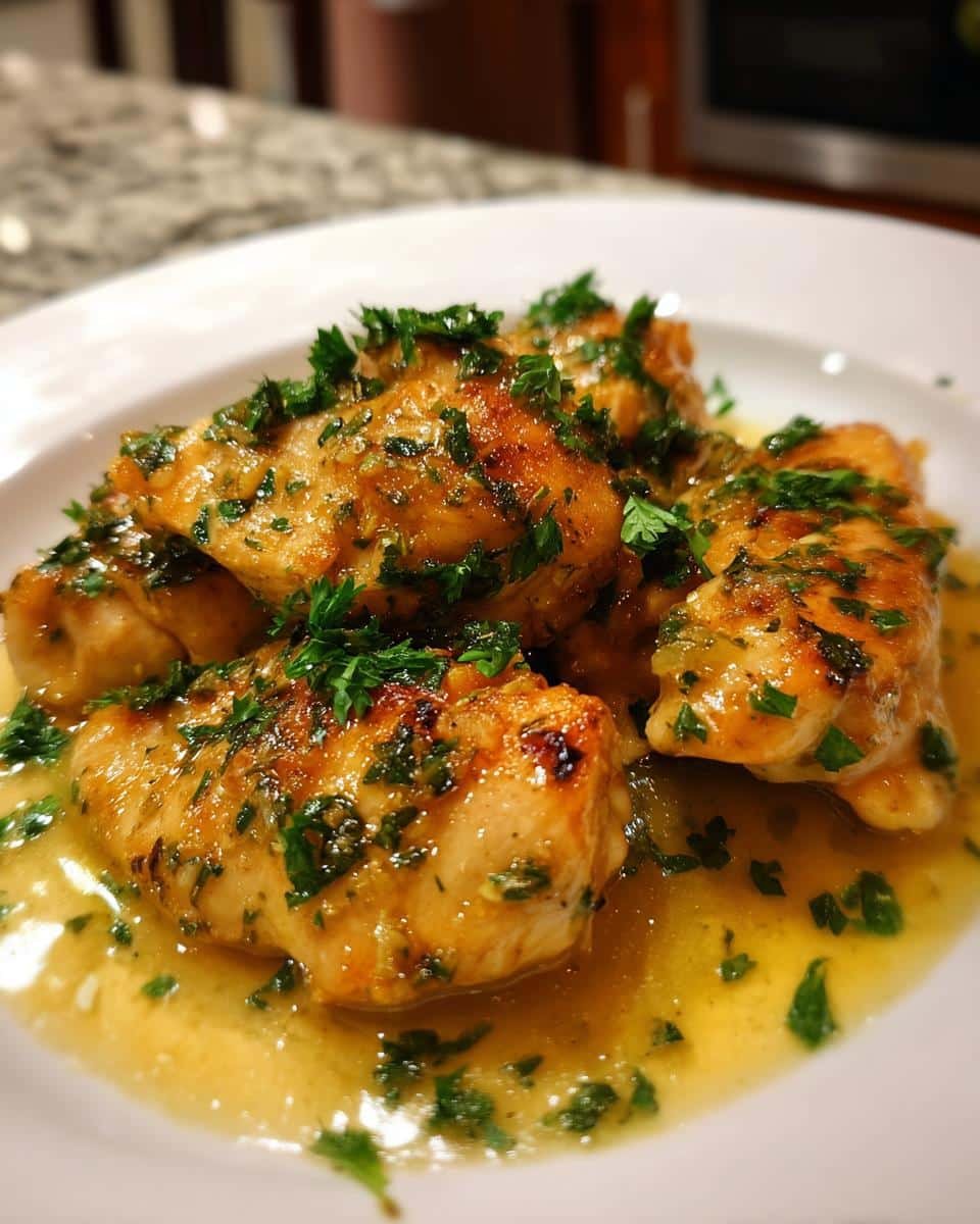 Garlic Lemon Butter Chicken: Delicious in Just 25 Minutes 9 Close-up of Garlic Lemon Butter Chicken pieces on a white plate, garnished with fresh parsley and a rich sauce.
