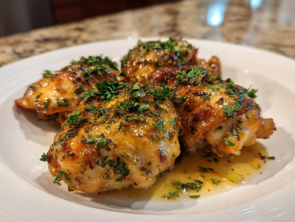 Garlic Lemon Butter Chicken thighs on a white plate, garnished with parsley and glistening with sauce.