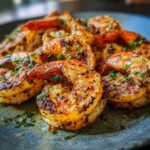Close-up of Garlic Parmesan Roasted Shrimp on a plate, seasoned with herbs and spices.