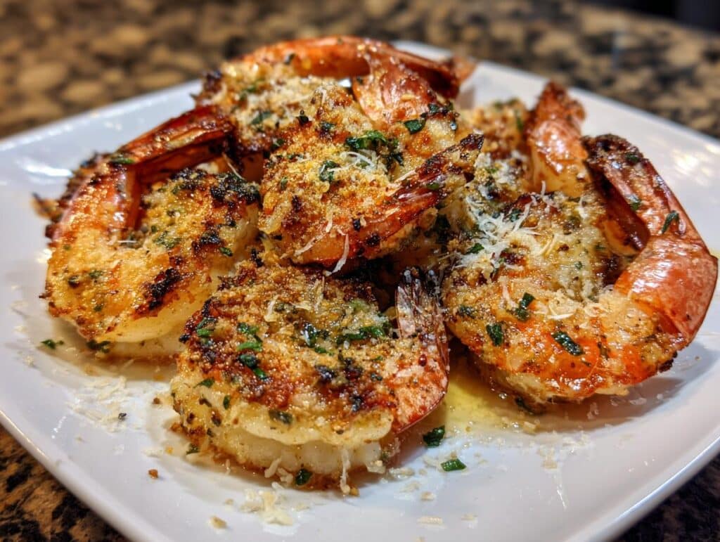 A plate of delicious Garlic Parmesan Roasted Shrimp, topped with herbs and parmesan cheese.