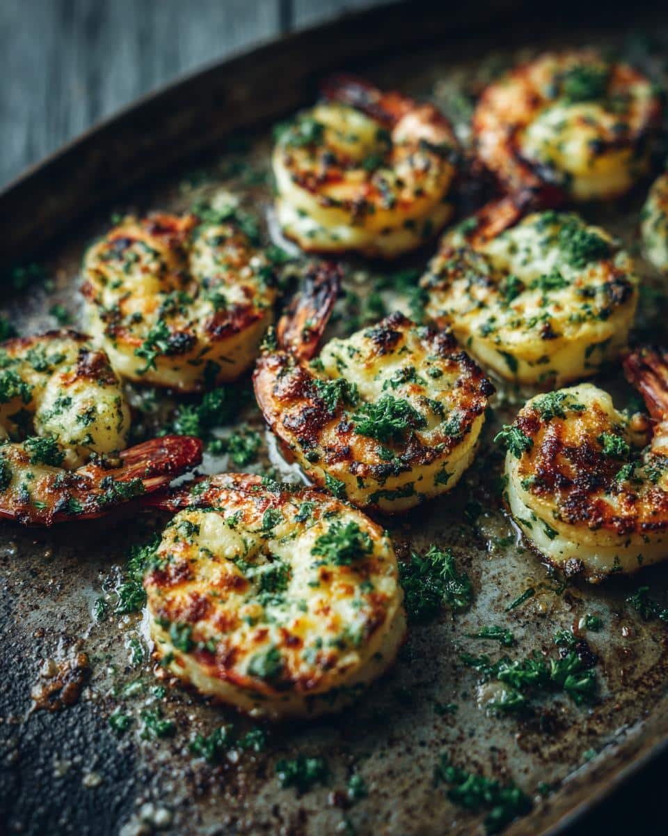 Devour Garlic Parmesan Roasted Shrimp in Under 20 Minutes 8 A close-up of Garlic Parmesan Roasted Shrimp on a dark baking sheet, garnished with fresh parsley.