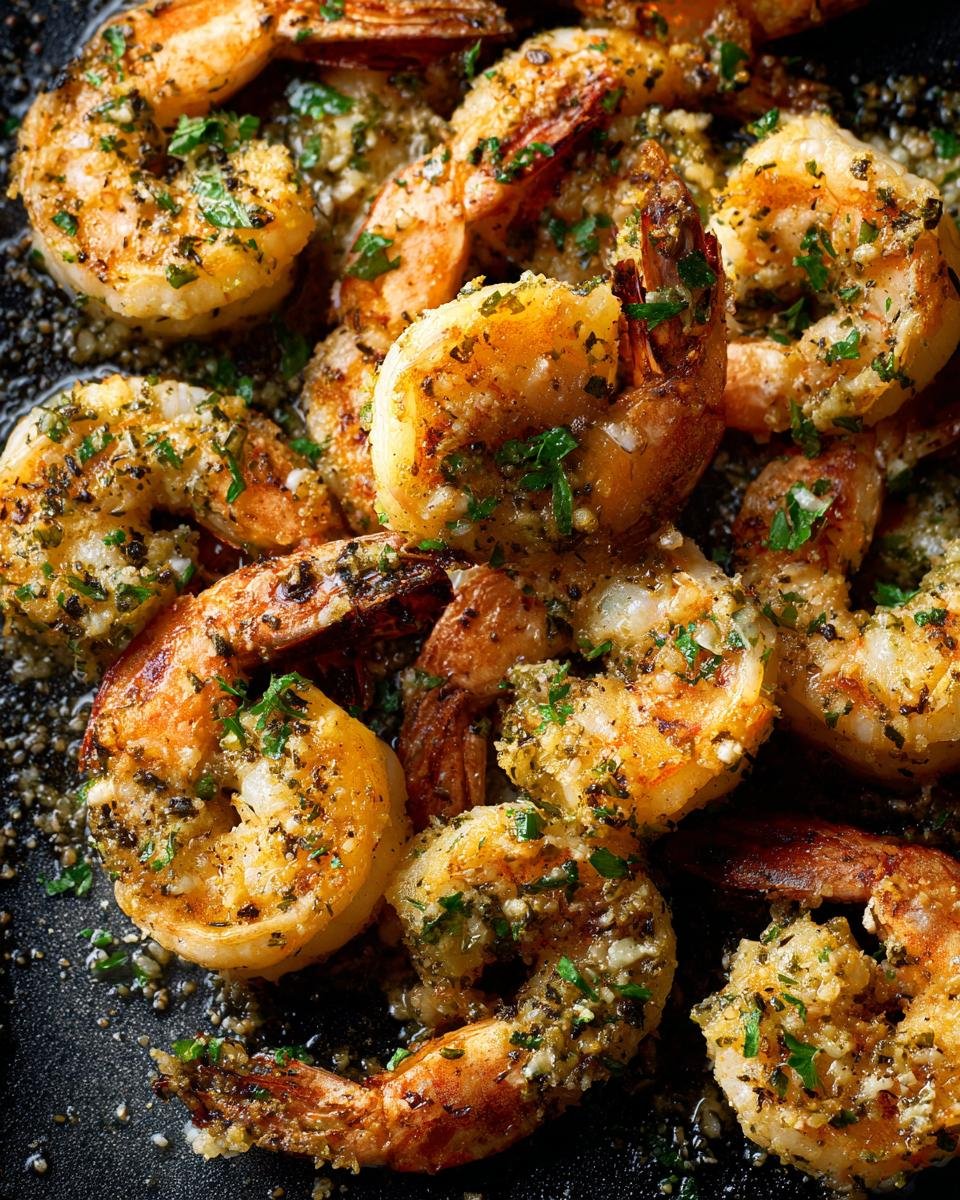 Devour Garlic Parmesan Roasted Shrimp in Under 20 Minutes 6 A close-up of Garlic Parmesan Roasted Shrimp, seasoned with herbs and spices.