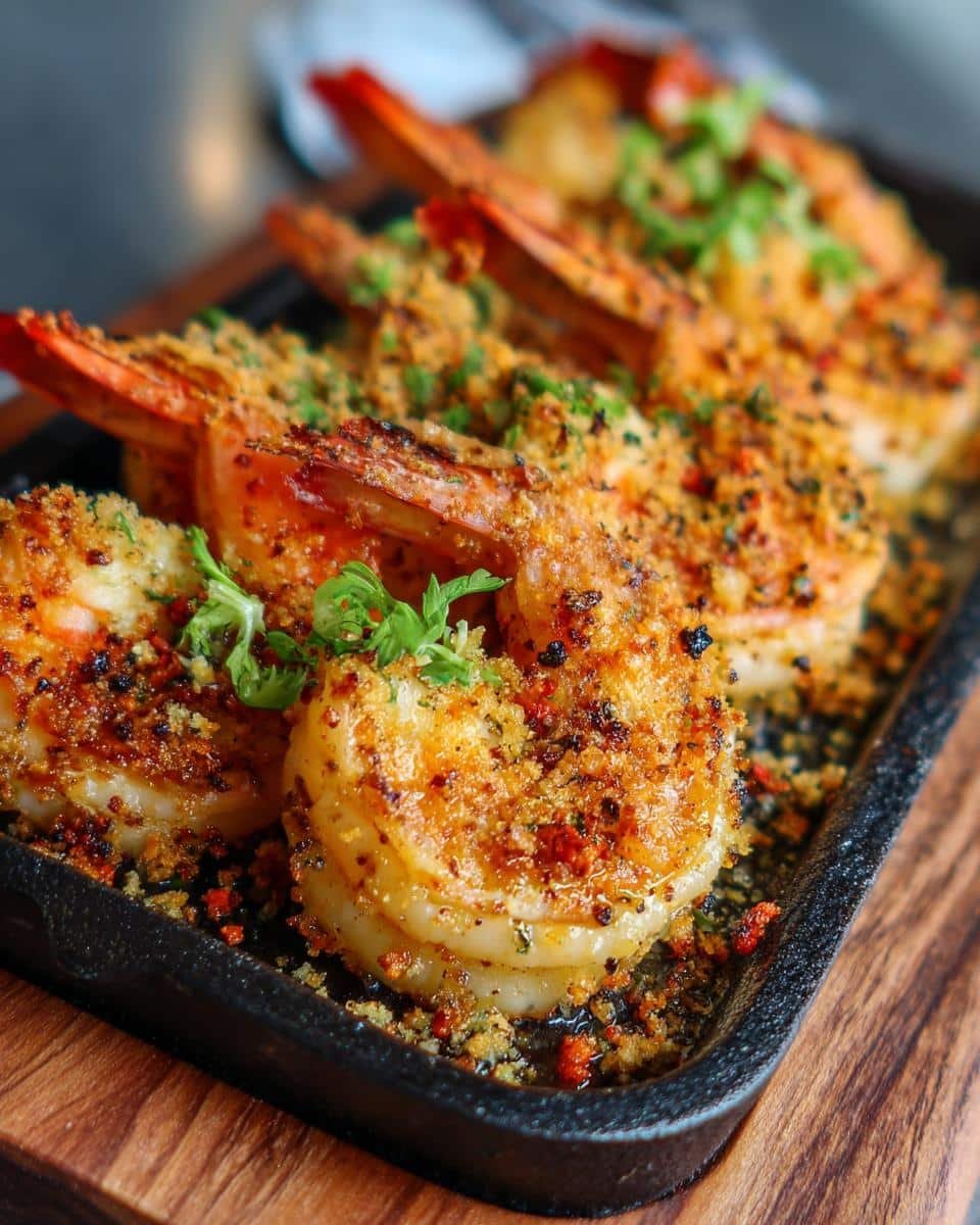 Devour Garlic Parmesan Roasted Shrimp in Under 20 Minutes 7 Close-up of Garlic Parmesan Roasted Shrimp on a black serving platter, garnished with parsley.