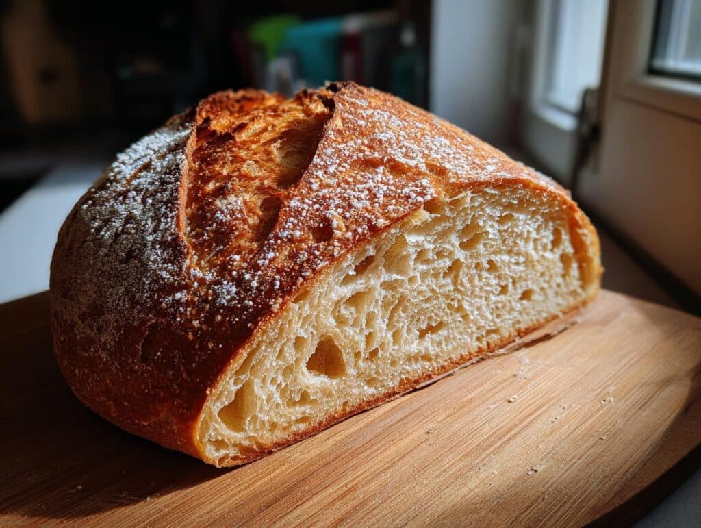 Close-up of a freshly baked loaf of German Bread on a wooden cutting board, showing its crust and crumb.