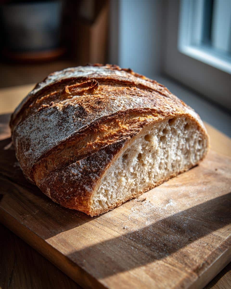 Unbelievably Easy 4-Ingredient German Bread Recipe 8 A loaf of crusty German Bread, cut open to show the soft interior, sitting on a wooden board.