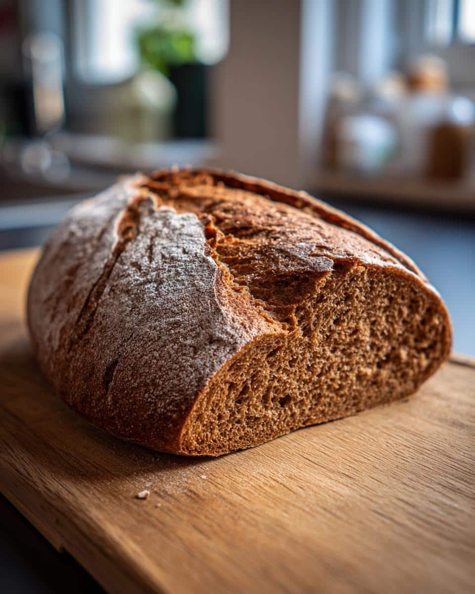 Unbelievably Easy 4-Ingredient German Bread Recipe 9 Close-up of a loaf of German Bread, sliced open to show the texture, sitting on a wooden cutting board.