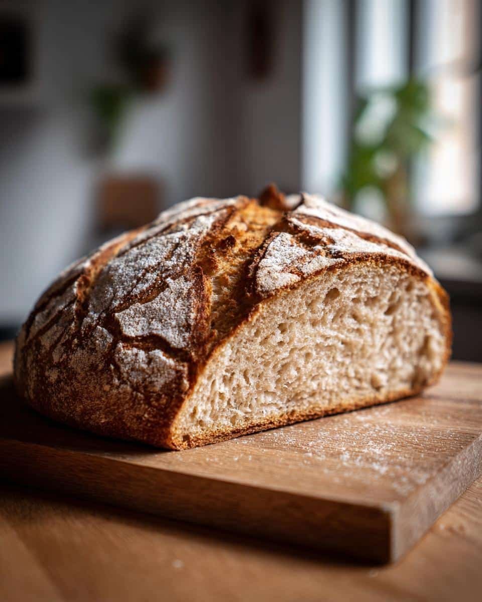 Unbelievably Easy 4-Ingredient German Bread Recipe 7 Close-up of a sliced loaf of German Bread on a wooden board, showing the crust and airy interior.