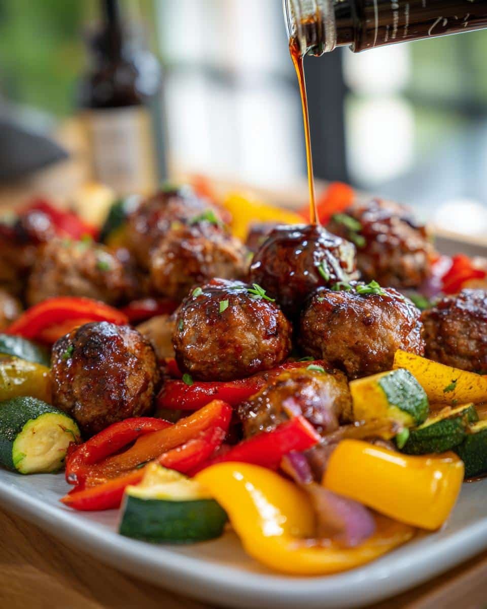 Fail-Proof Moist Strawberry Lemon Cake Recipe Revealed 8 Glazed meatballs with red and yellow peppers, and zucchini, being drizzled with sauce.