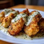 Close-up of Golden Parmesan Chicken with Garlic Cream sauce, garnished with parsley.