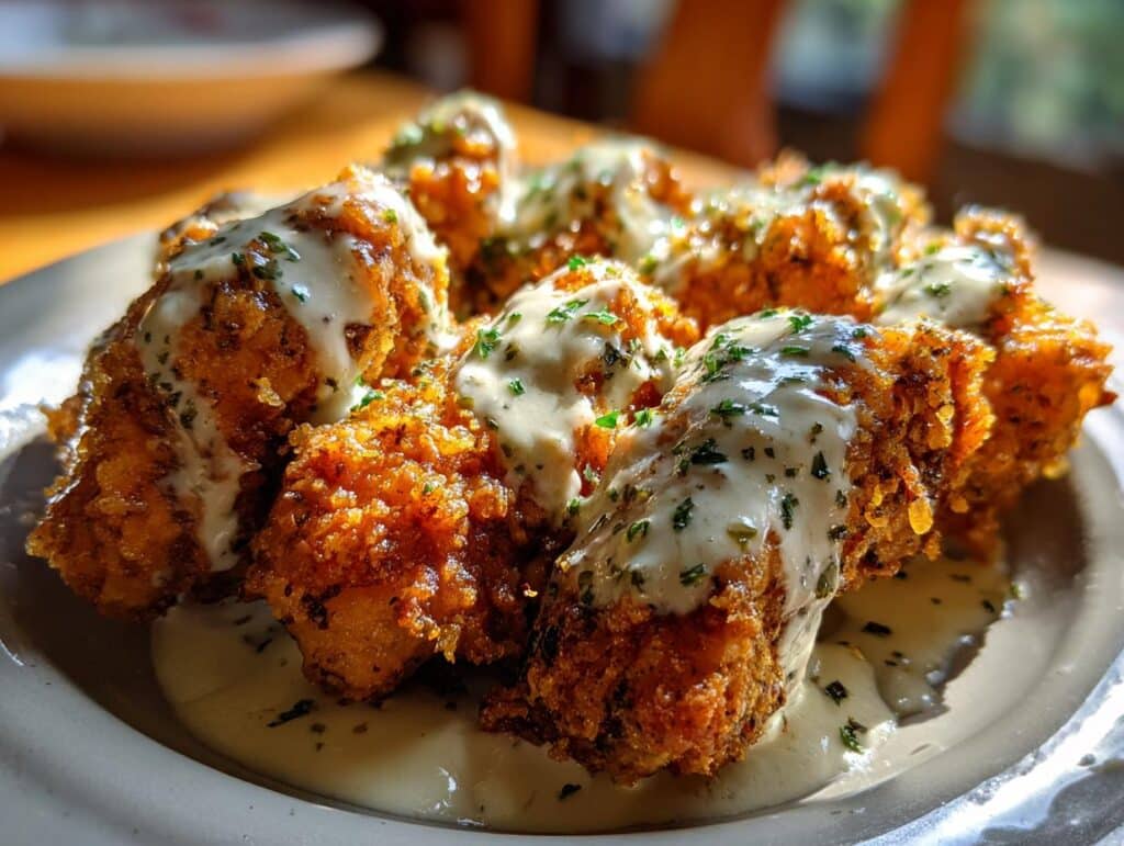 Close-up of Golden Parmesan Chicken with Garlic Cream sauce and parsley garnish on a plate.