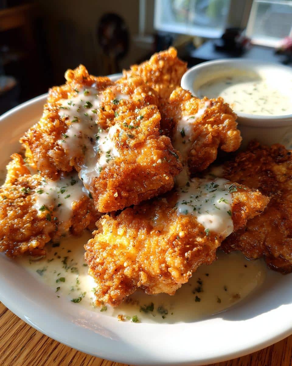 Golden Parmesan Chicken: 20 Years Perfecting This Dish 6 A plate of crispy golden parmesan chicken pieces drizzled with garlic cream sauce and garnished with herbs.