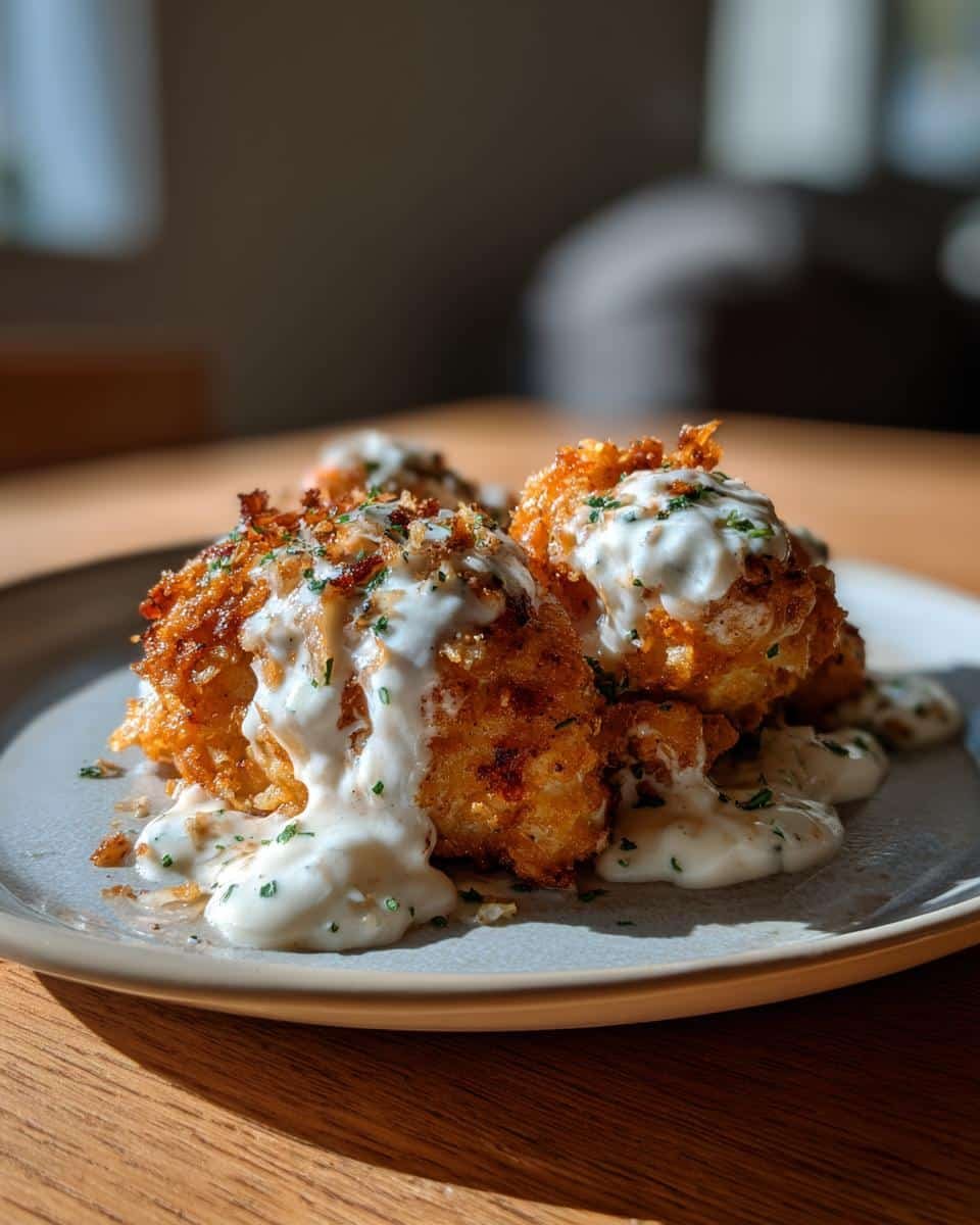 Golden Parmesan Chicken: 20 Years Perfecting This Dish 7 Close-up of Golden Parmesan Chicken with Garlic Cream sauce, garnished with herbs on a plate.