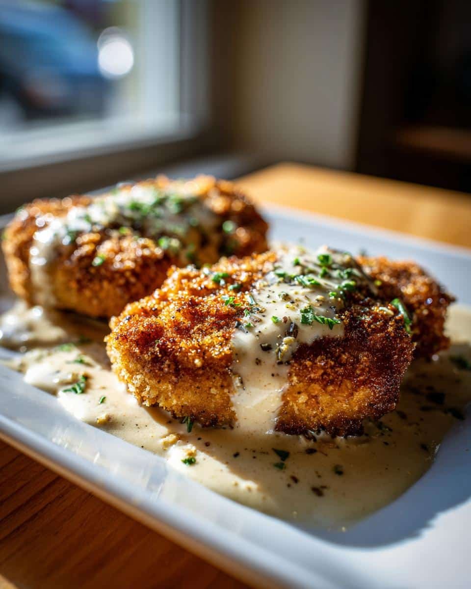 Golden Parmesan Chicken: 20 Years Perfecting This Dish 8 Two pieces of Golden Parmesan Chicken with Garlic Cream sauce on a white plate, garnished with herbs.