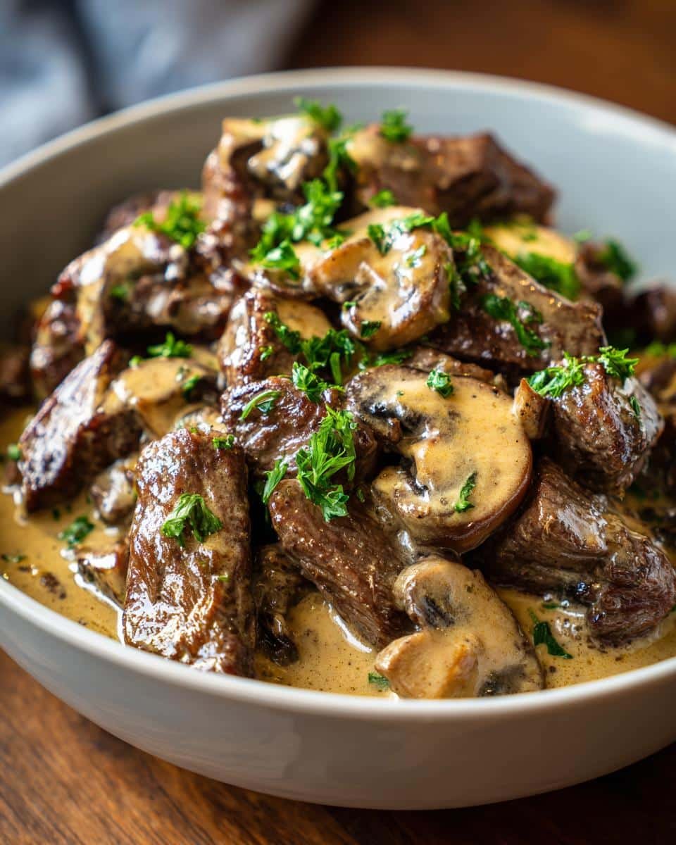 Devour Decadent Gordon Ramsay Beef Stroganoff in 40 Minutes 6 A bowl of Gordon Ramsay Beef Stroganoff with beef, mushrooms, creamy sauce, and parsley garnish.