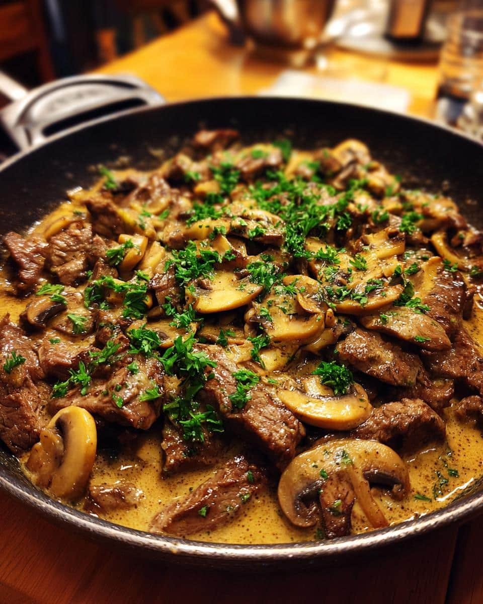 Devour Decadent Gordon Ramsay Beef Stroganoff in 40 Minutes 9 A pan of Gordon Ramsay Beef Stroganoff, featuring tender beef, sliced mushrooms, creamy sauce, and fresh parsley.