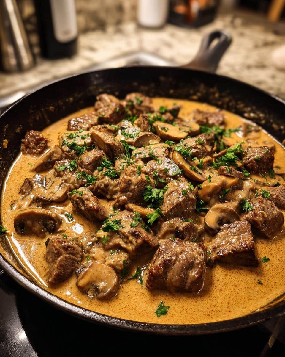 Devour Decadent Gordon Ramsay Beef Stroganoff in 40 Minutes 7 A pan filled with Gordon Ramsay Beef Stroganoff, featuring tender beef, sliced mushrooms, and a creamy sauce, garnished with parsley.