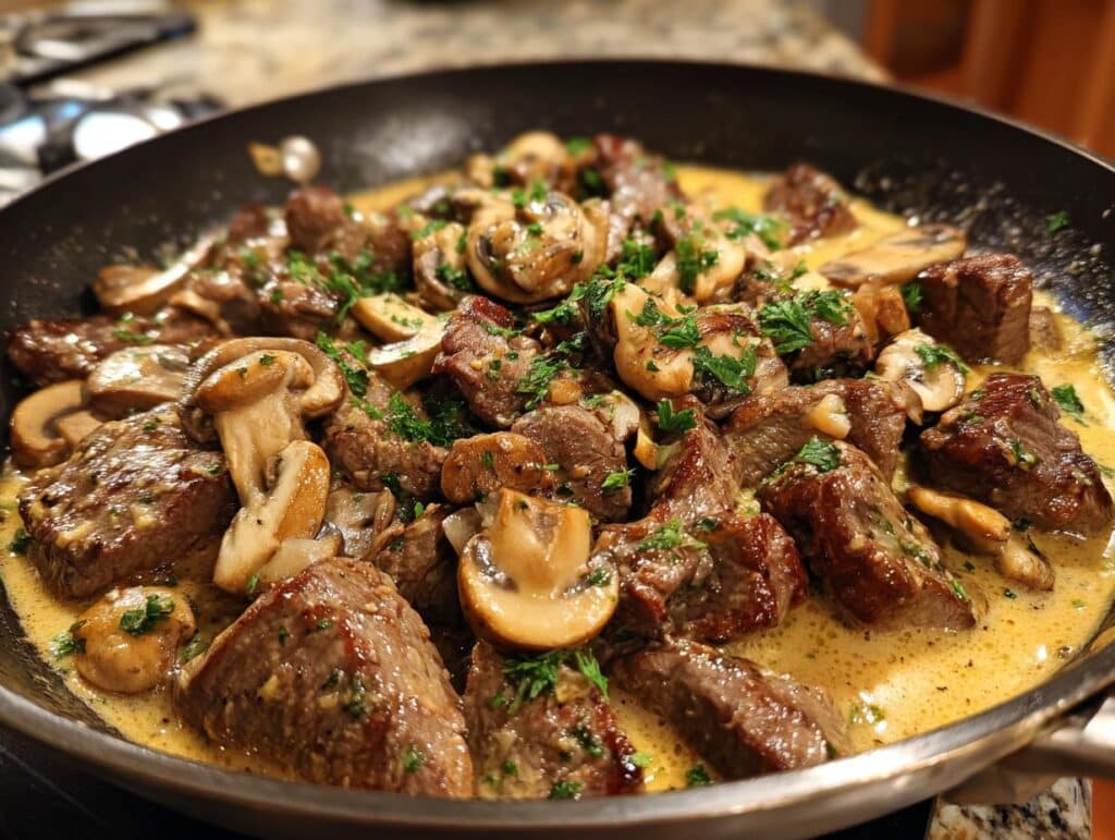 Close-up of Gordon Ramsay Beef Stroganoff in a skillet, featuring tender beef, mushrooms, and a creamy sauce.